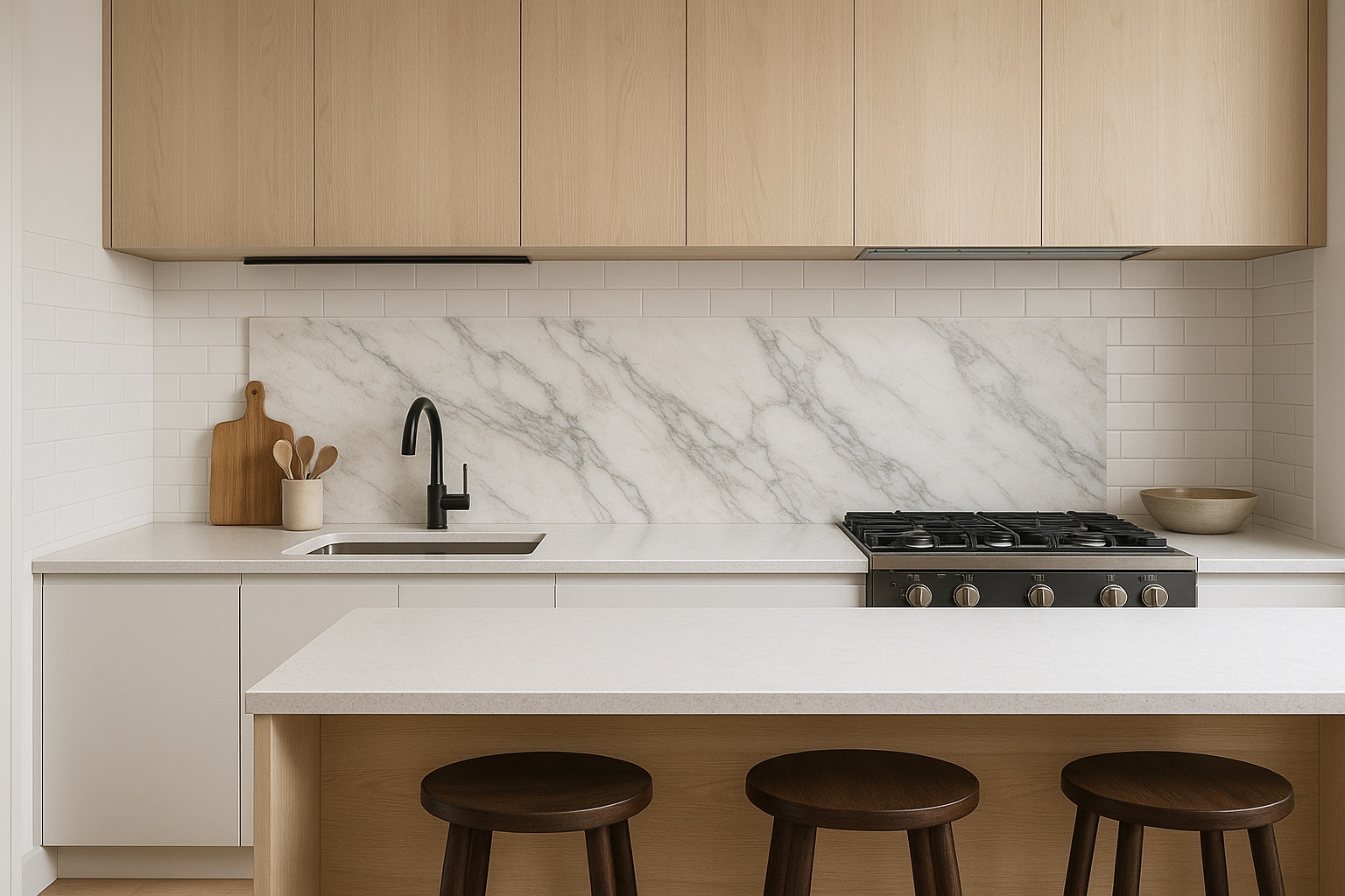 Kitchen design 2026 trends with Slab Backsplashes over Subway Tile